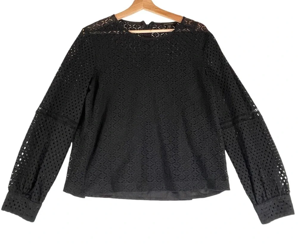 Banana Republic Black Lace Crochet Womens SIZE LARGE PETITE PL L/S Blouse Top
